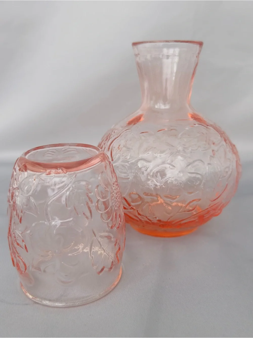 Hand-Blown Pink Depression Glass Vase and Tumbler Set Tumble Up Bedside Carafe